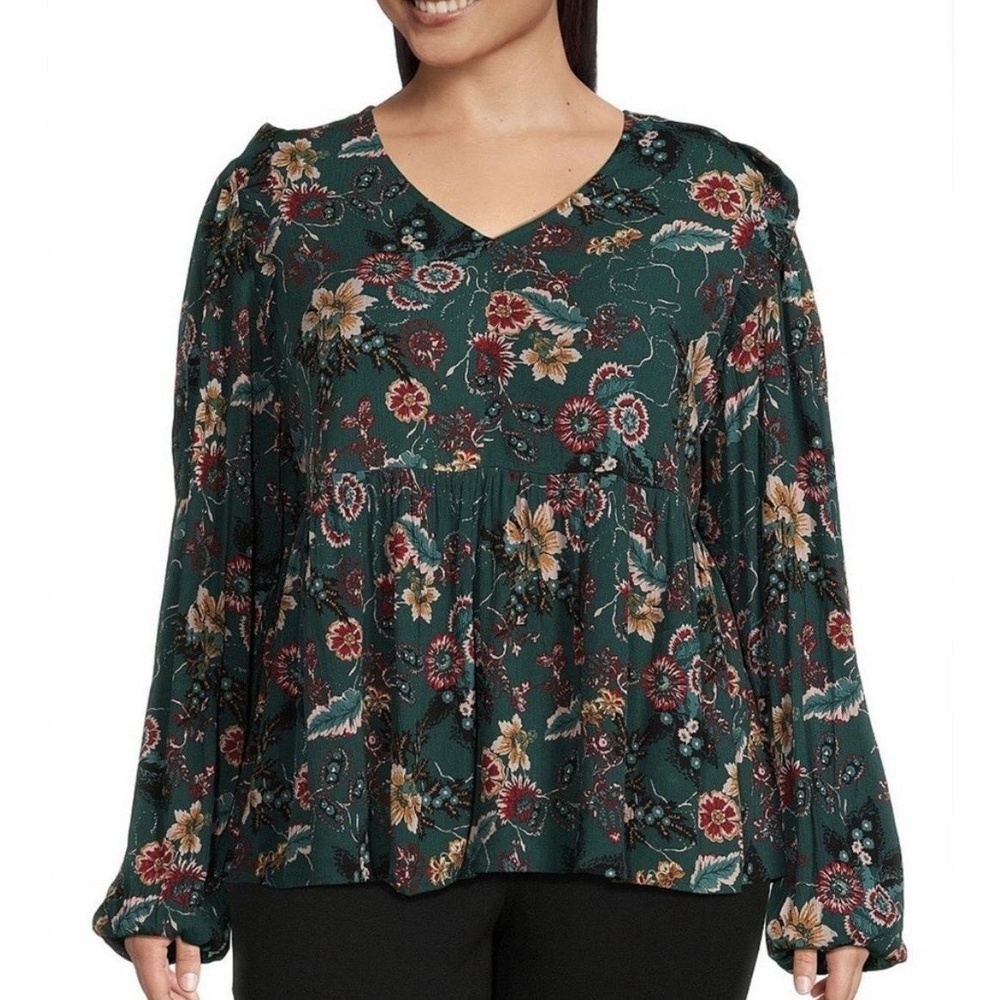 Nurture by Westbound Woman Floral Babydoll Blouse Size 3X Boho Moody‎ Green Plus